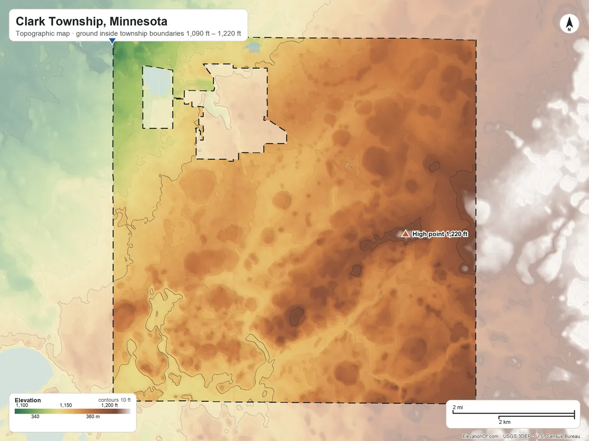 Topographic elevation map of Clark Township, Minnesota, shaded from 1,090 ft on the northwest side to 1,220 ft on the east side