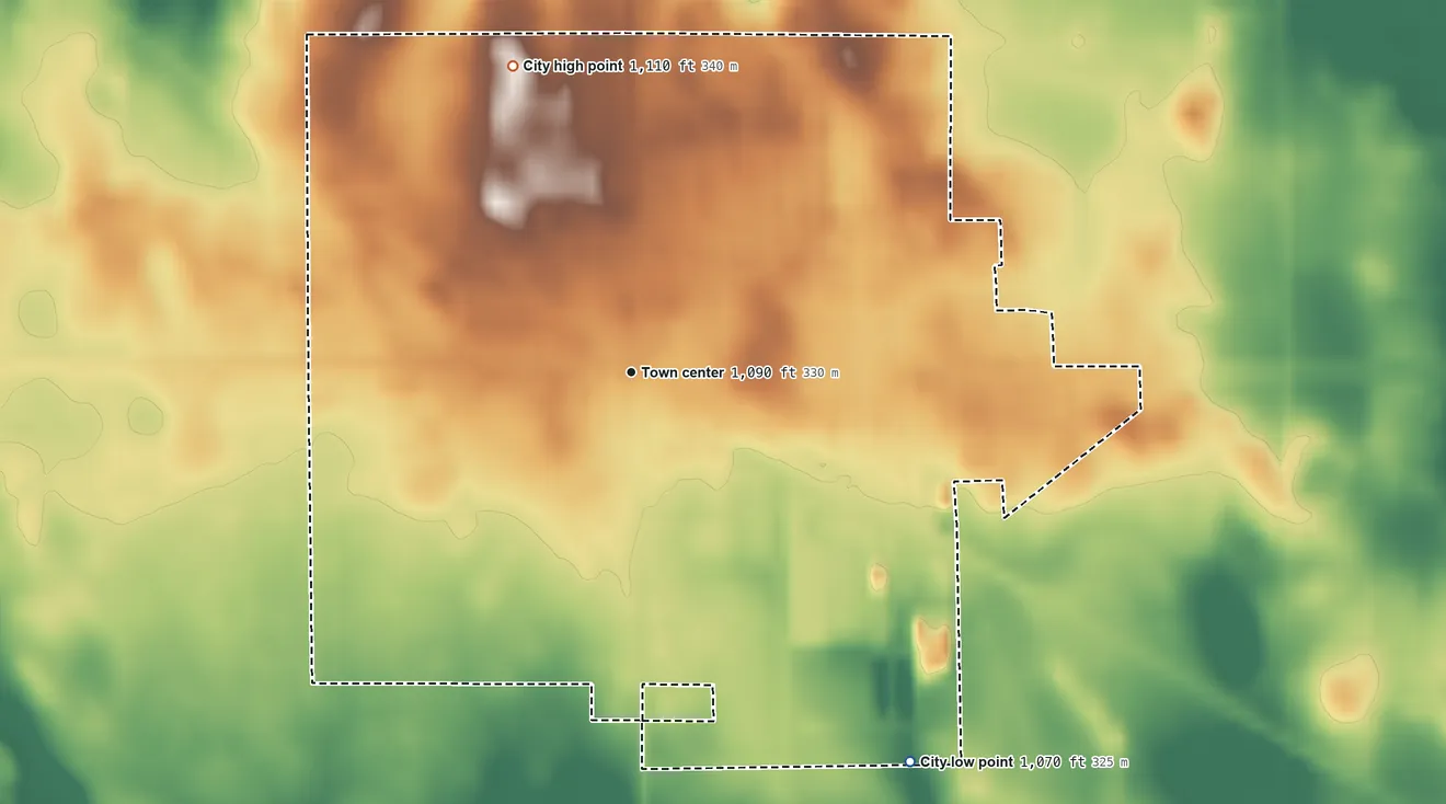 Topographic elevation map of Clarkfield, Minnesota, shaded from 1,070 ft on the southeast side to 1,110 ft on the north side