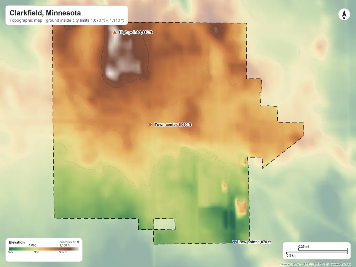 Topographic elevation map of Clarkfield, Minnesota, shaded from 1,070 ft on the southeast side to 1,110 ft on the north side