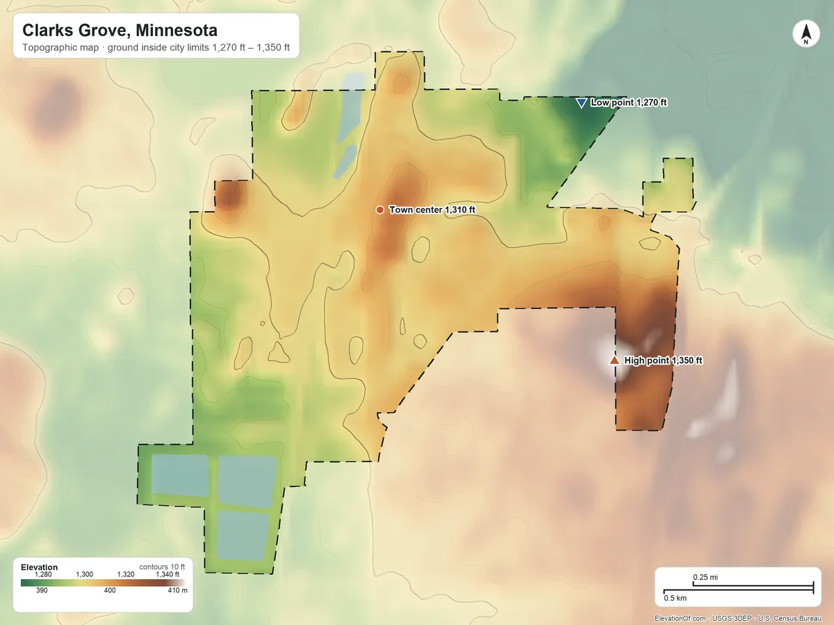 Topographic elevation map of Clarks Grove, Minnesota, shaded from 1,270 ft on the northeast side to 1,350 ft on the southeast side