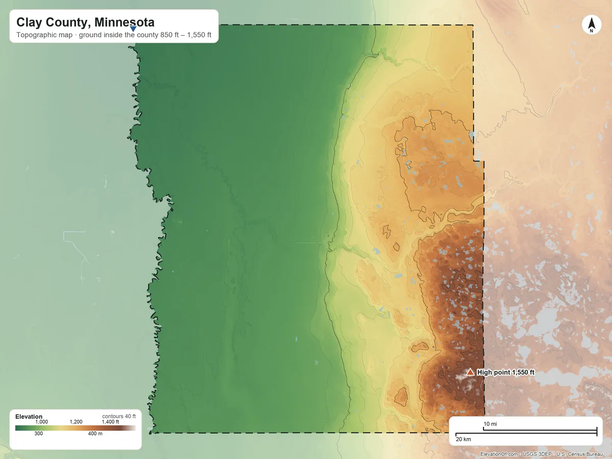 Topographic elevation map of Clay County, Minnesota, shaded from 850 ft on the northwest side to 1,550 ft on the southeast side