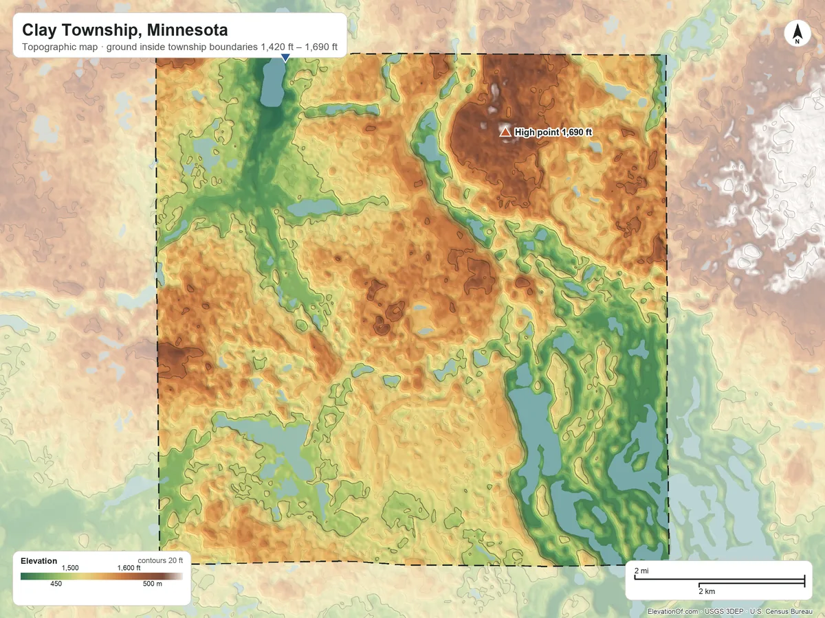 Topographic elevation map of Clay Township, Minnesota, shaded from 1,420 ft on the northwest side to 1,690 ft on the north side