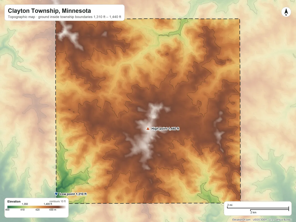Topographic elevation map of Clayton Township, Minnesota, shaded from 1,310 ft on the southwest side to 1,440 ft on the northeast side