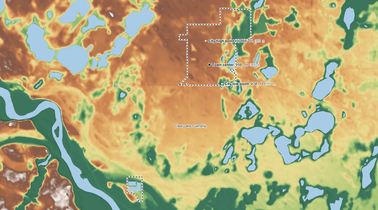 Topographic elevation map of Clear Lake, Minnesota, shaded from 970 ft near the middle to 1,000 ft on the north side
