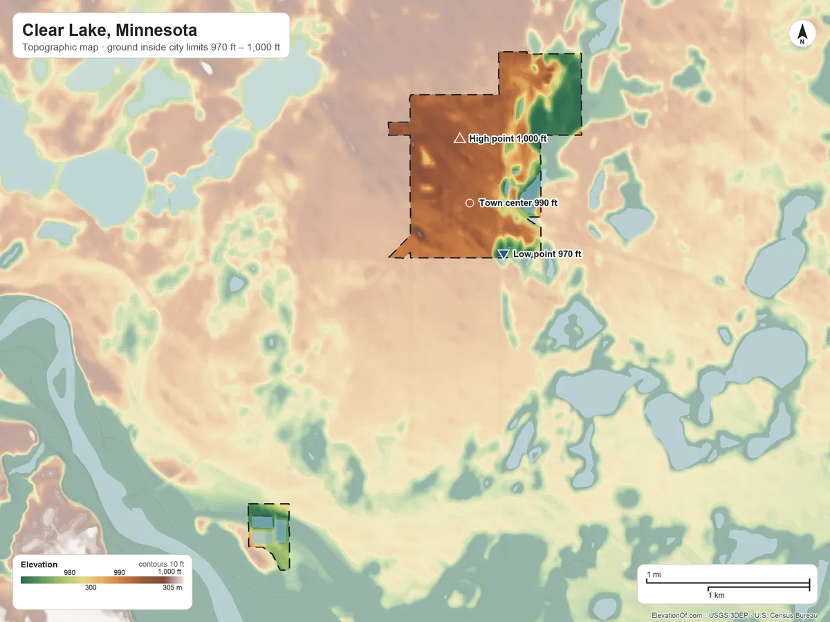 Topographic elevation map of Clear Lake, Minnesota, shaded from 970 ft near the middle to 1,000 ft on the north side