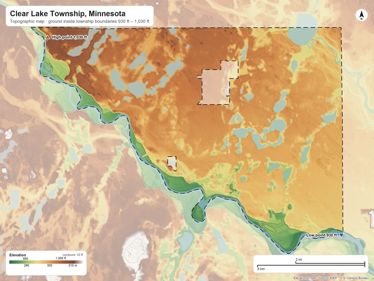 Topographic elevation map of Clear Lake Township, Minnesota, shaded from 930 ft on the southeast side to 1,030 ft on the northwest side