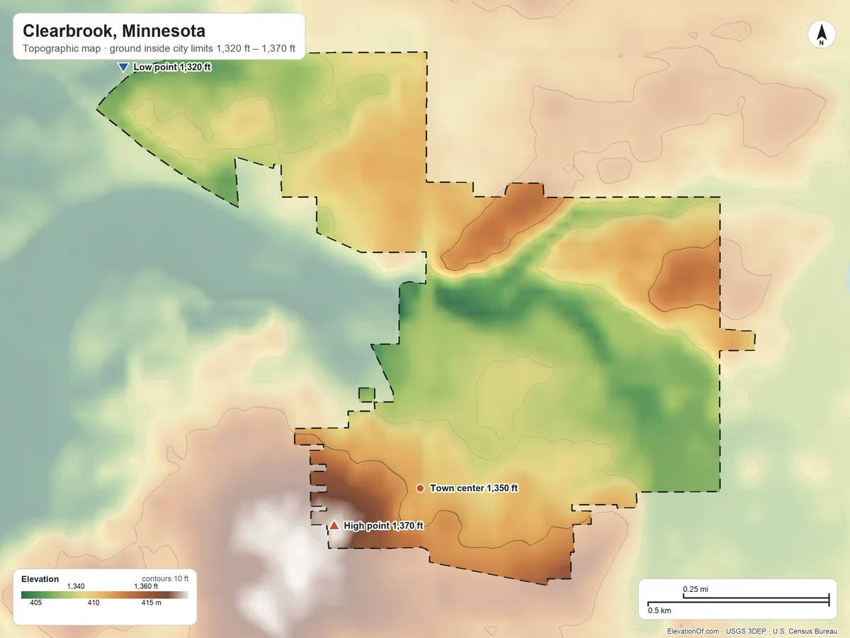 Topographic elevation map of Clearbrook, Minnesota, shaded from 1,320 ft on the northwest side to 1,370 ft on the southwest side