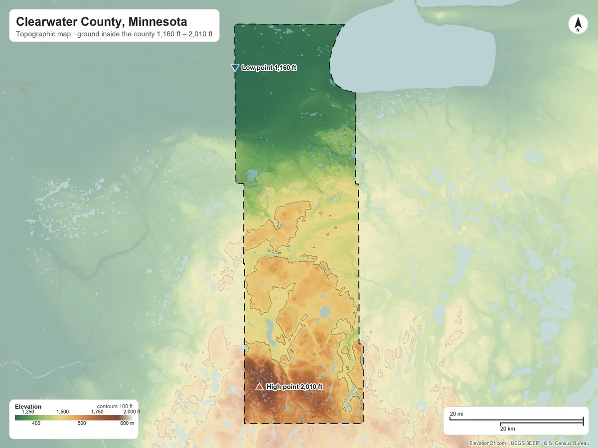 Topographic elevation map of Clearwater County, Minnesota, shaded from 1,160 ft on the north side to 2,010 ft on the south side
