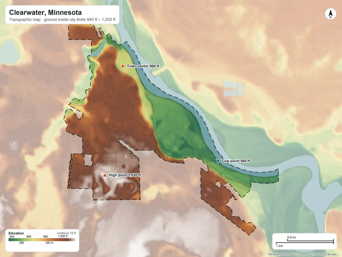 Topographic elevation map of Clearwater, Minnesota, shaded from 940 ft on the southeast side to 1,020 ft on the south side