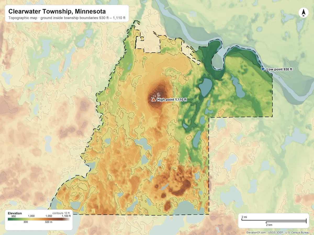 Topographic elevation map of Clearwater Township, Minnesota, shaded from 930 ft on the northeast side to 1,110 ft near the middle