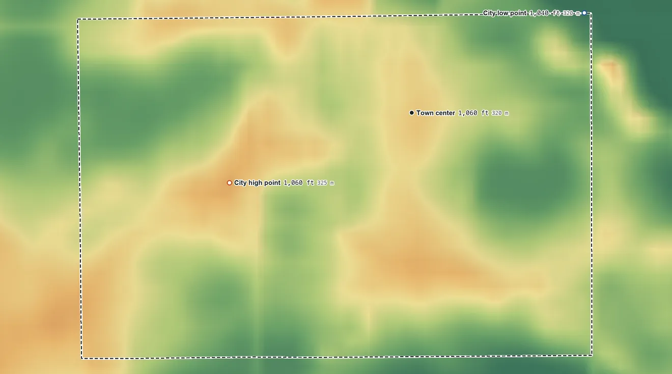 Topographic elevation map of Clements, Minnesota, shaded from 1,040 ft on the northeast side to 1,060 ft on the west side