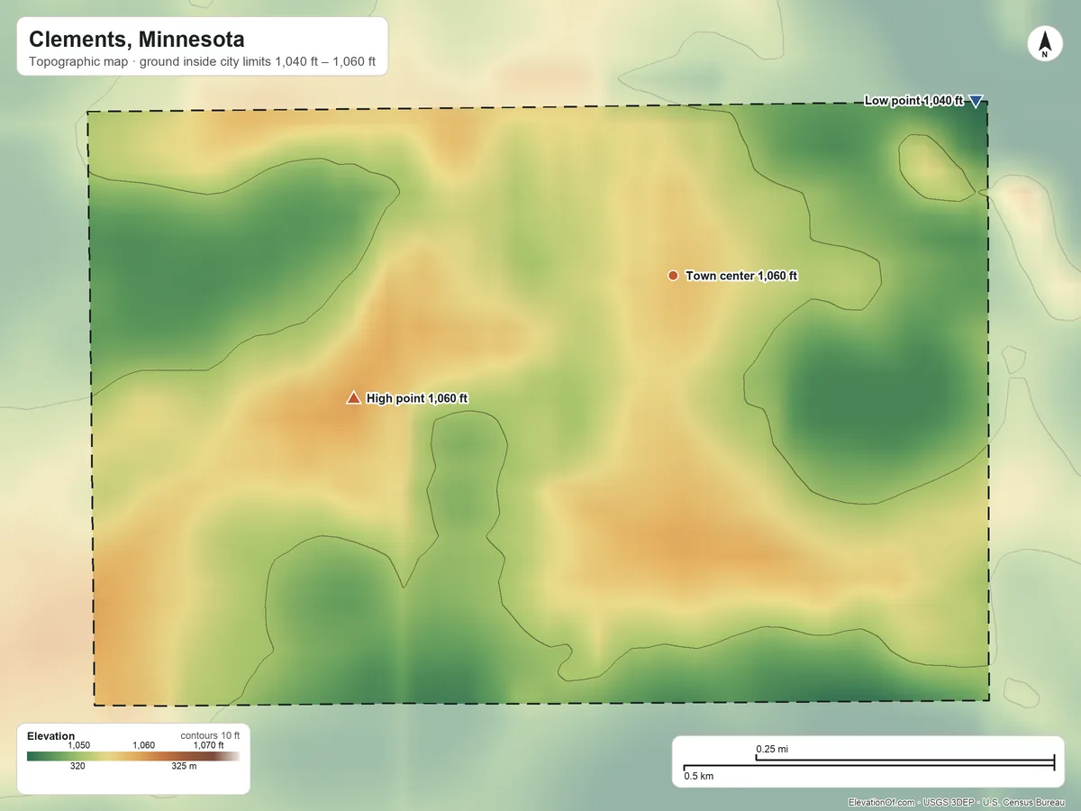 Topographic elevation map of Clements, Minnesota, shaded from 1,040 ft on the northeast side to 1,060 ft on the west side