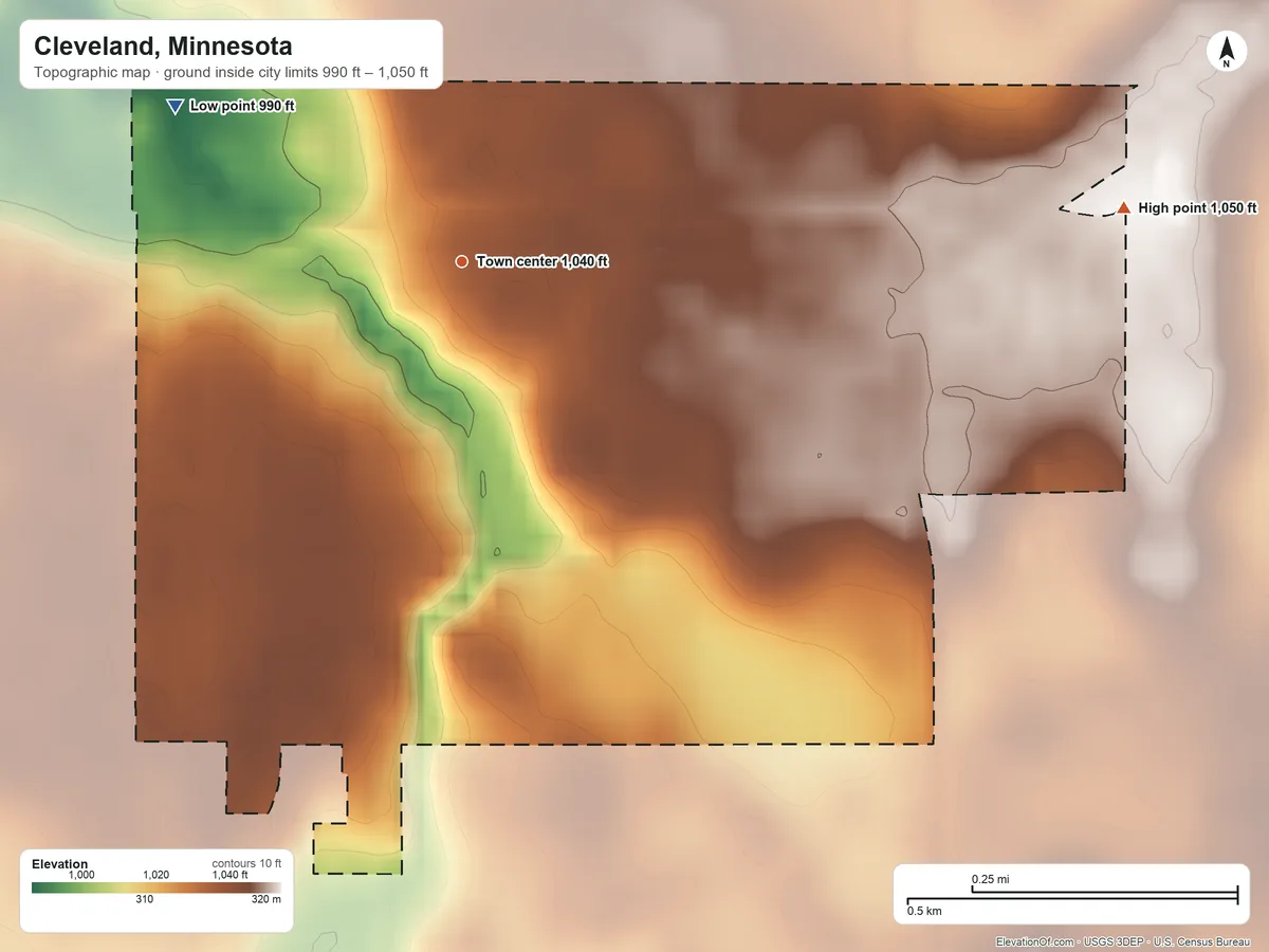Topographic elevation map of Cleveland, Minnesota, shaded from 990 ft on the northwest side to 1,050 ft on the east side