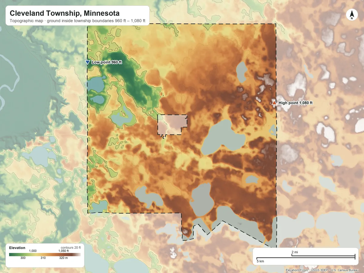 Topographic elevation map of Cleveland Township, Minnesota, shaded from 960 ft on the northwest side to 1,080 ft on the northeast side