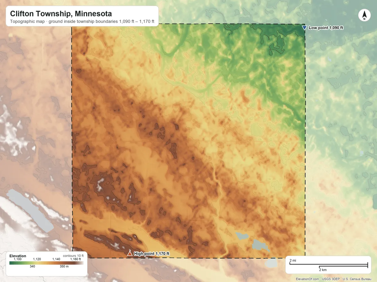 Topographic elevation map of Clifton Township, Minnesota, shaded from 1,090 ft on the northeast side to 1,170 ft on the south side