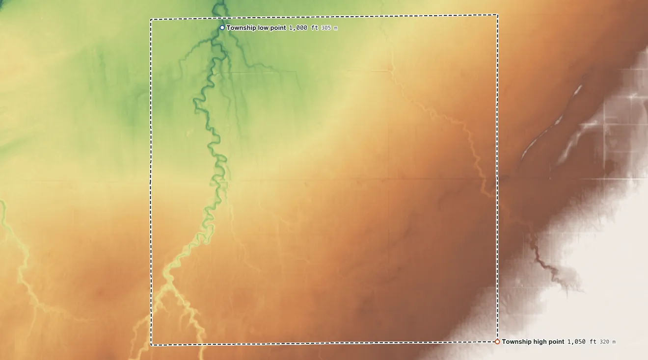 Topographic elevation map of Clifton Township, Traverse County, Minnesota, shaded from 1,000 ft on the northwest side to 1,050 ft on the southeast side