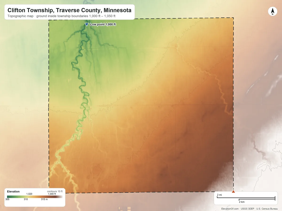 Topographic elevation map of Clifton Township, Traverse County, Minnesota, shaded from 1,000 ft on the northwest side to 1,050 ft on the southeast side