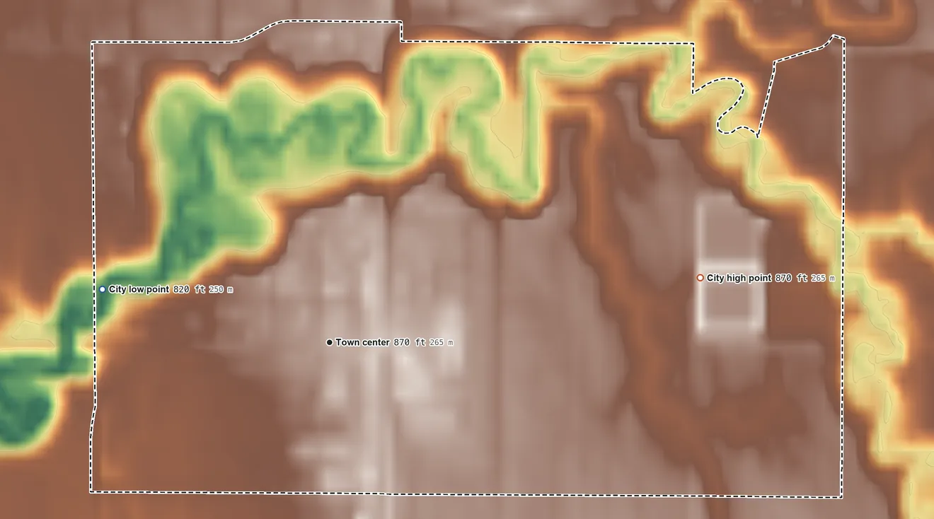 Topographic elevation map of Climax, Minnesota, shaded from 820 ft on the west side to 870 ft on the east side