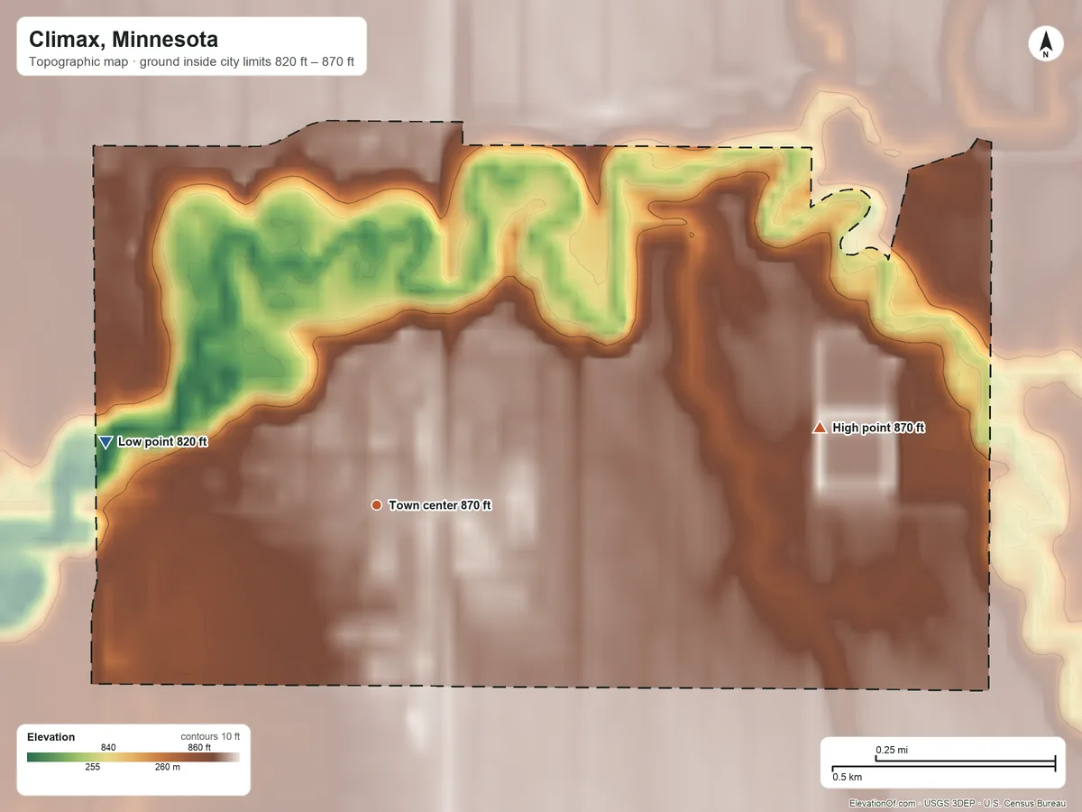 Topographic elevation map of Climax, Minnesota, shaded from 820 ft on the west side to 870 ft on the east side