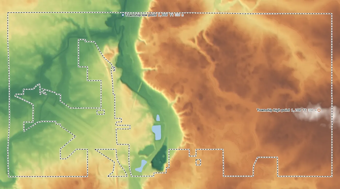 Topographic elevation map of Clinton Falls Township, Minnesota, shaded from 1,080 ft on the northwest side to 1,280 ft on the east side
