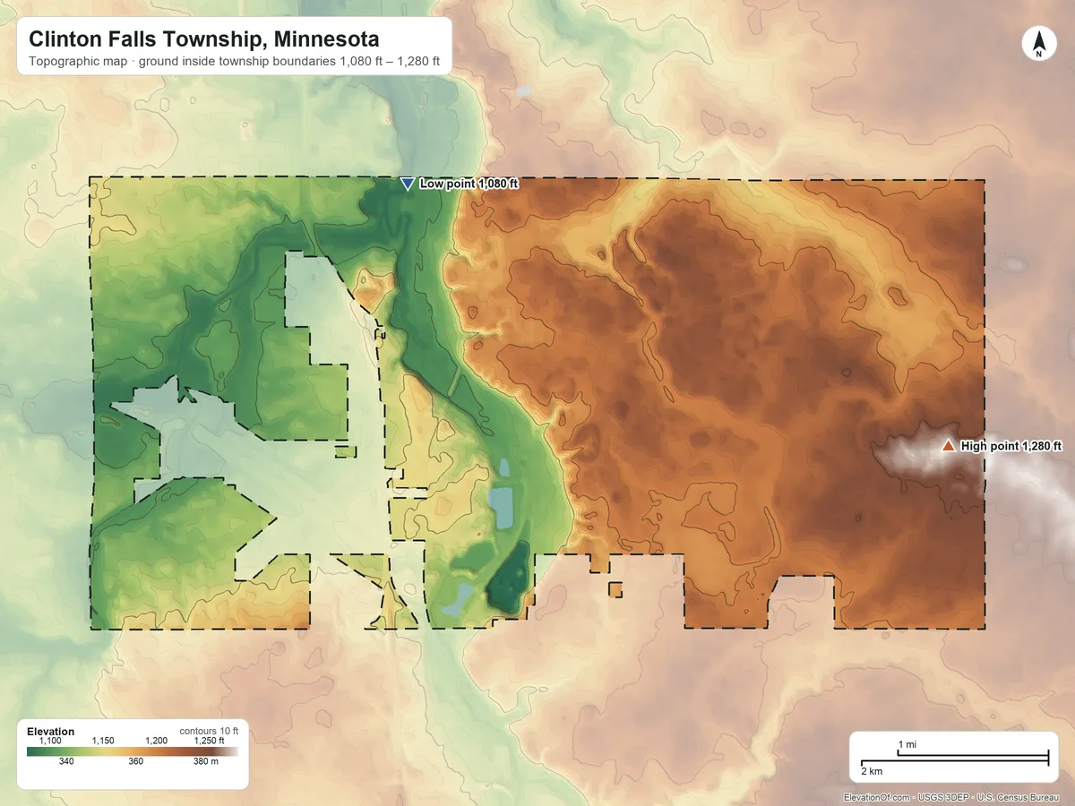 Topographic elevation map of Clinton Falls Township, Minnesota, shaded from 1,080 ft on the northwest side to 1,280 ft on the east side