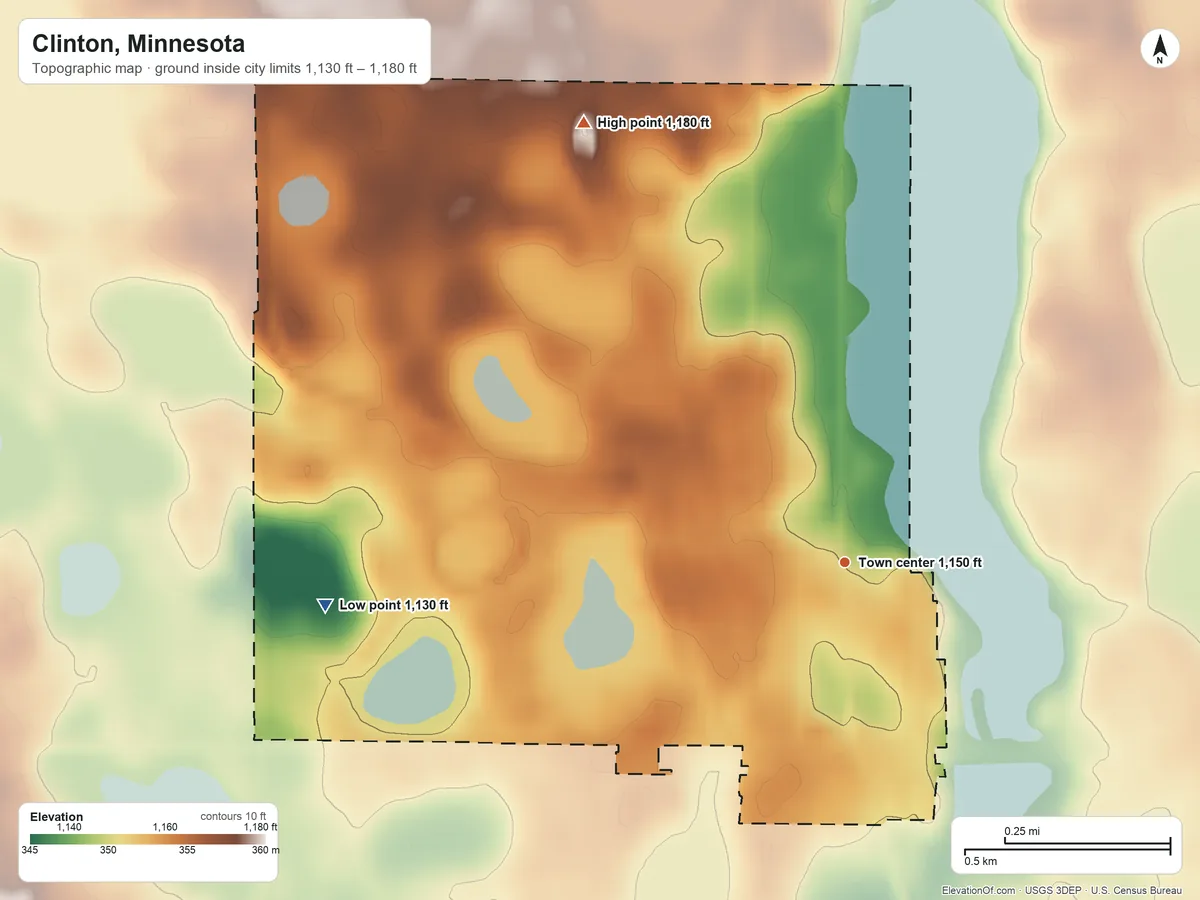 Topographic elevation map of Clinton, Minnesota, shaded from 1,130 ft on the west side to 1,180 ft on the northwest side