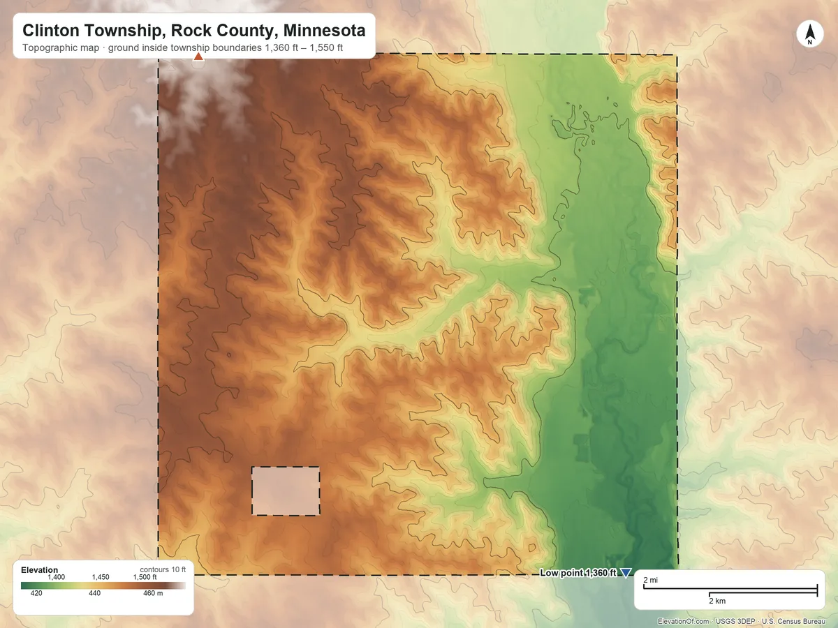 Topographic elevation map of Clinton Township, Rock County, Minnesota, shaded from 1,360 ft on the southeast side to 1,550 ft on the northwest side