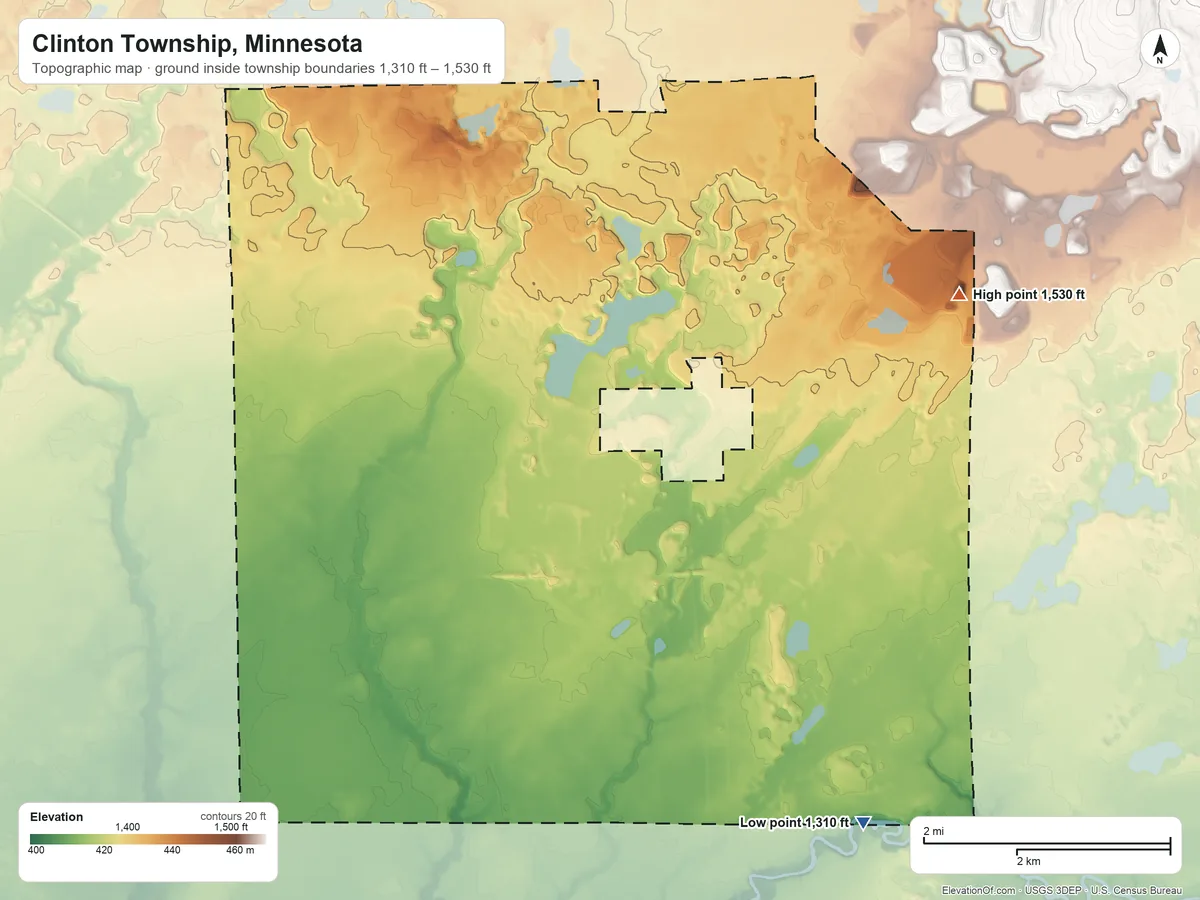Topographic elevation map of Clinton Township, Minnesota, shaded from 1,310 ft on the southeast side to 1,530 ft on the east side