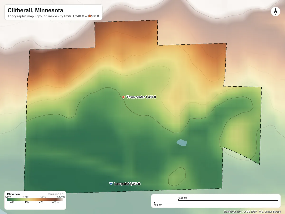 Topographic elevation map of Clitherall, Minnesota, shaded from 1,340 ft on the south side to 1,400 ft on the north side