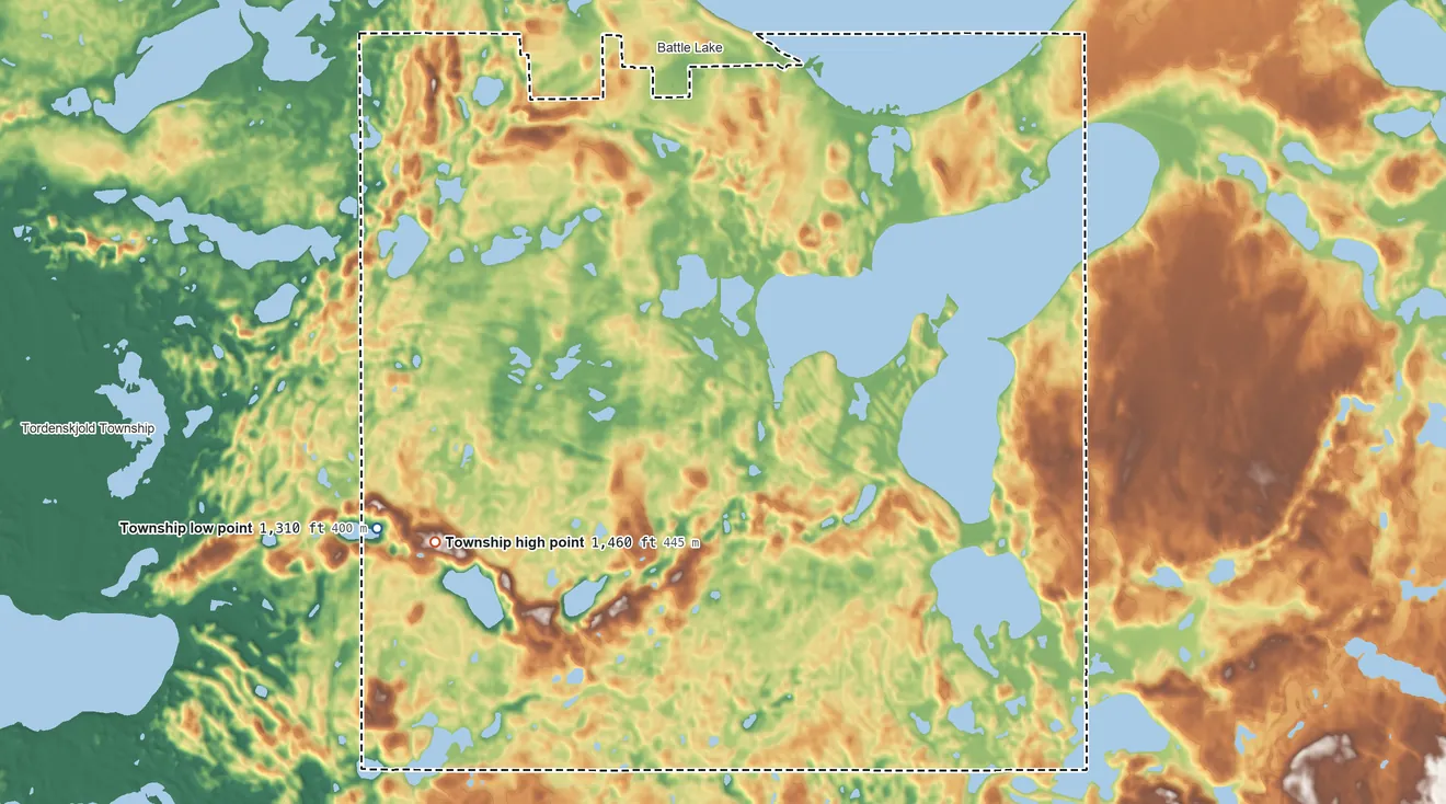 Topographic elevation map of Clitherall Township, Minnesota, shaded from 1,310 ft on the southwest side to 1,460 ft on the southwest side