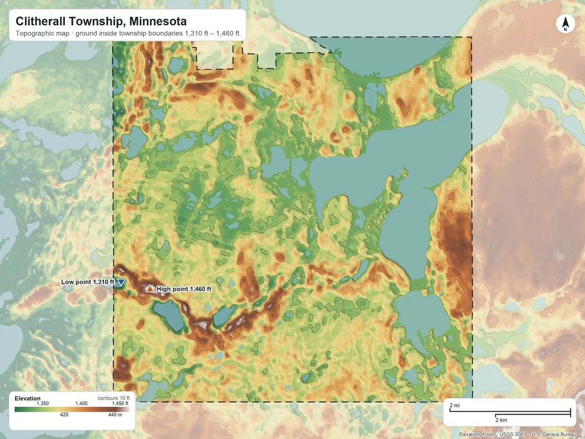 Topographic elevation map of Clitherall Township, Minnesota, shaded from 1,310 ft on the southwest side to 1,460 ft on the southwest side