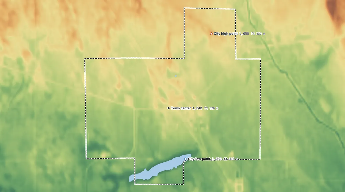 Topographic elevation map of Clontarf, Minnesota, shaded from 1,030 ft on the south side to 1,050 ft on the northeast side