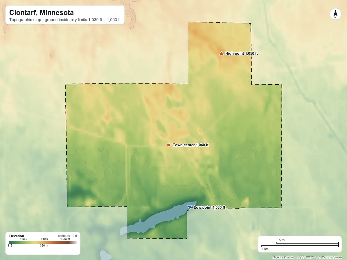 Topographic elevation map of Clontarf, Minnesota, shaded from 1,030 ft on the south side to 1,050 ft on the northeast side