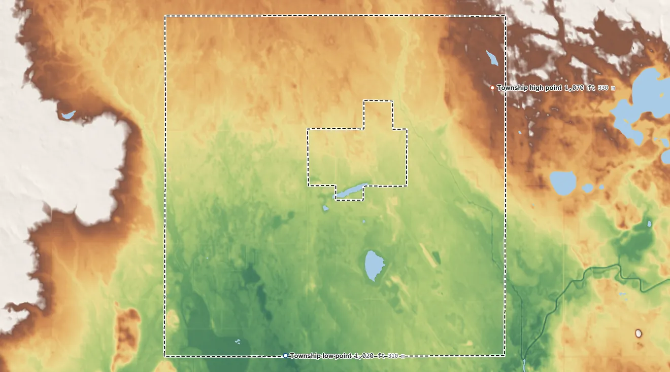Topographic elevation map of Clontarf Township, Minnesota, shaded from 1,020 ft on the south side to 1,070 ft on the east side