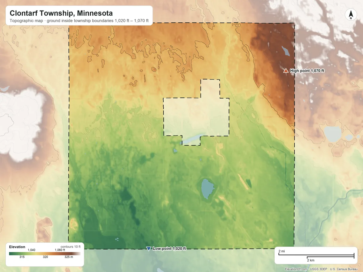 Topographic elevation map of Clontarf Township, Minnesota, shaded from 1,020 ft on the south side to 1,070 ft on the east side