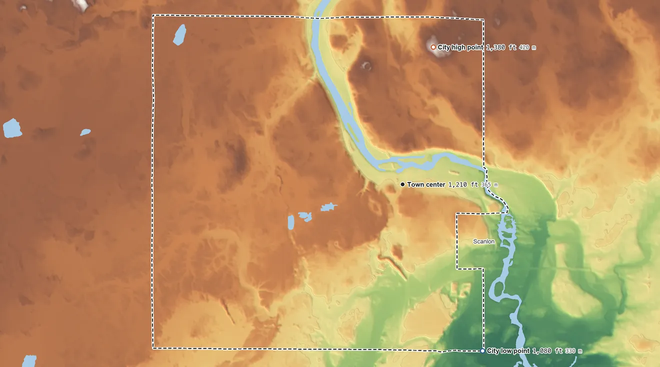 Topographic elevation map of Cloquet, Minnesota, shaded from 1,080 ft on the southeast side to 1,380 ft on the north side