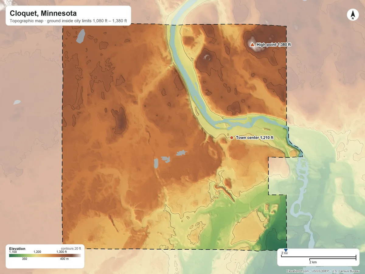 Topographic elevation map of Cloquet, Minnesota, shaded from 1,080 ft on the southeast side to 1,380 ft on the north side