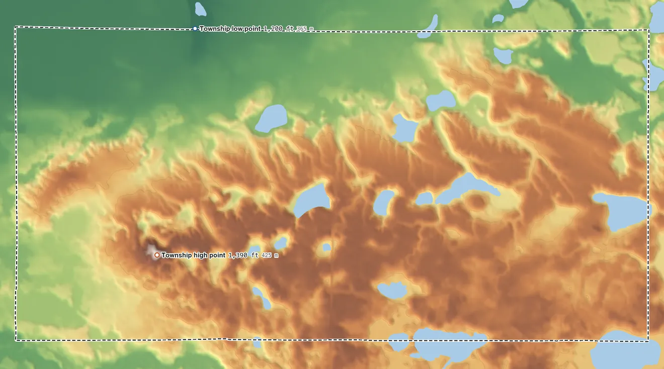 Topographic elevation map of Clover Township, Clearwater County, Minnesota, shaded from 1,200 ft on the northwest side to 1,390 ft on the west side