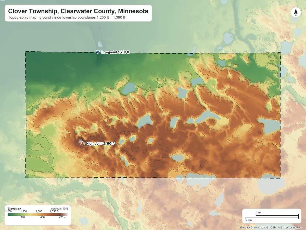 Topographic elevation map of Clover Township, Clearwater County, Minnesota, shaded from 1,200 ft on the northwest side to 1,390 ft on the west side