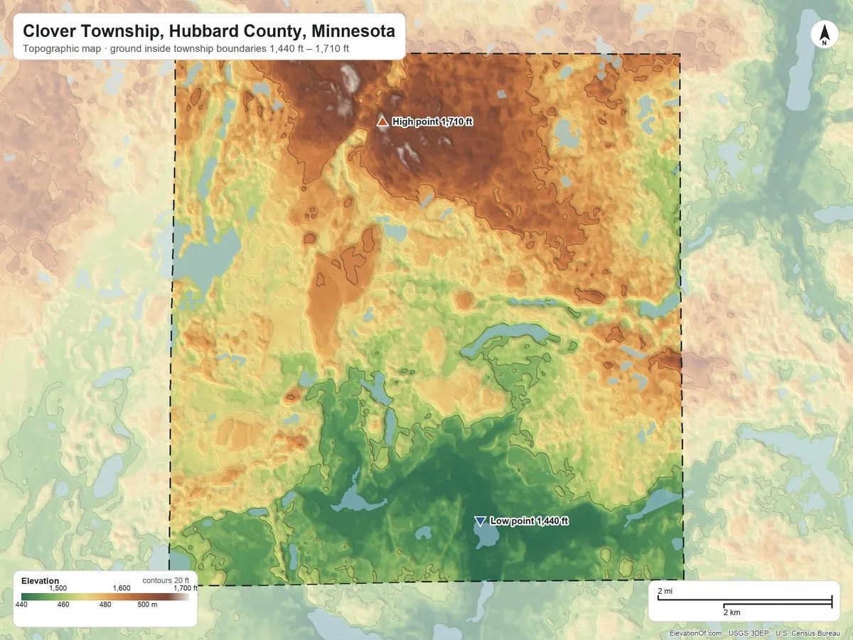 Topographic elevation map of Clover Township, Hubbard County, Minnesota, shaded from 1,440 ft on the southeast side to 1,710 ft on the north side