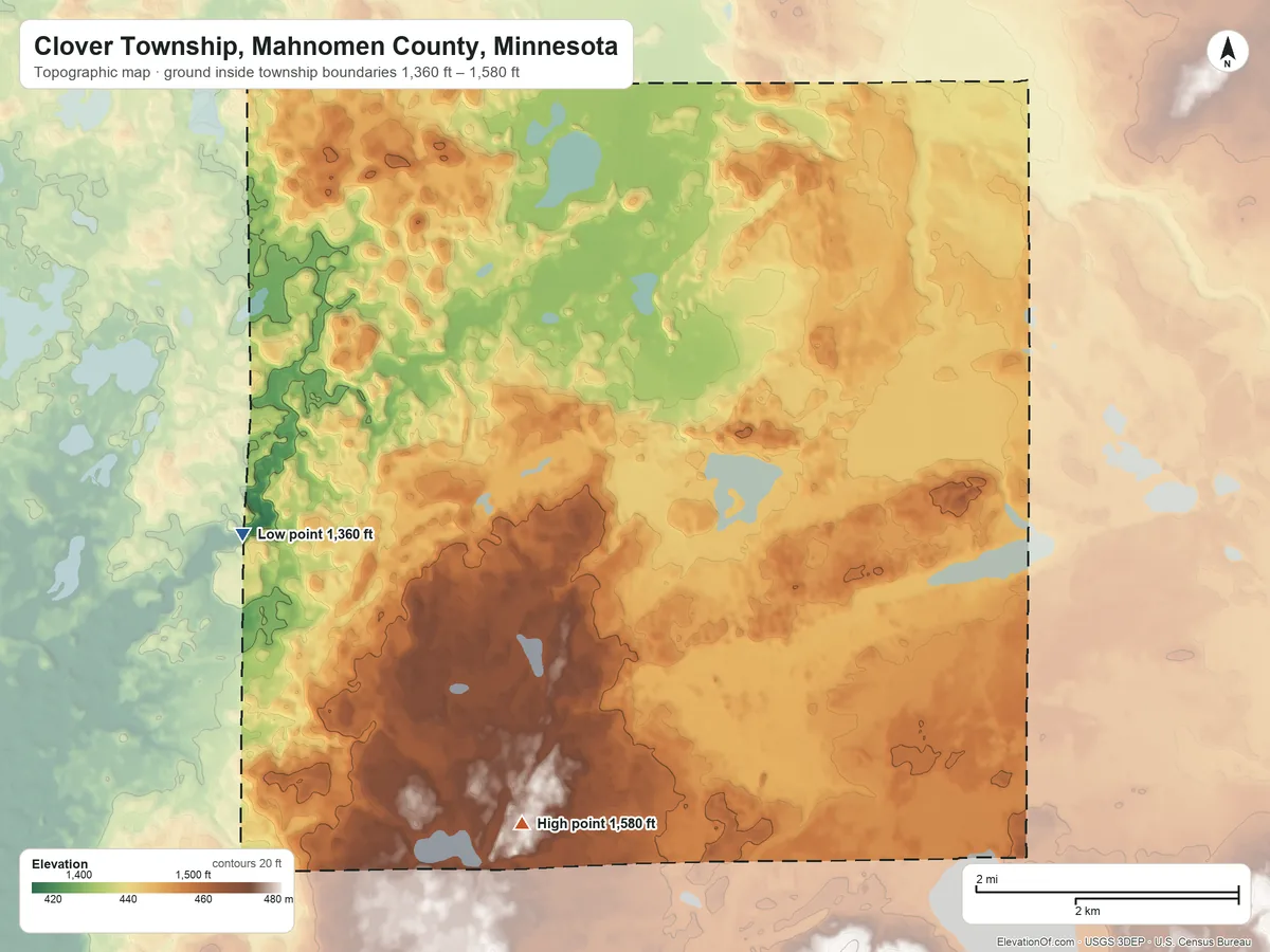 Topographic elevation map of Clover Township, Mahnomen County, Minnesota, shaded from 1,360 ft on the west side to 1,580 ft on the south side