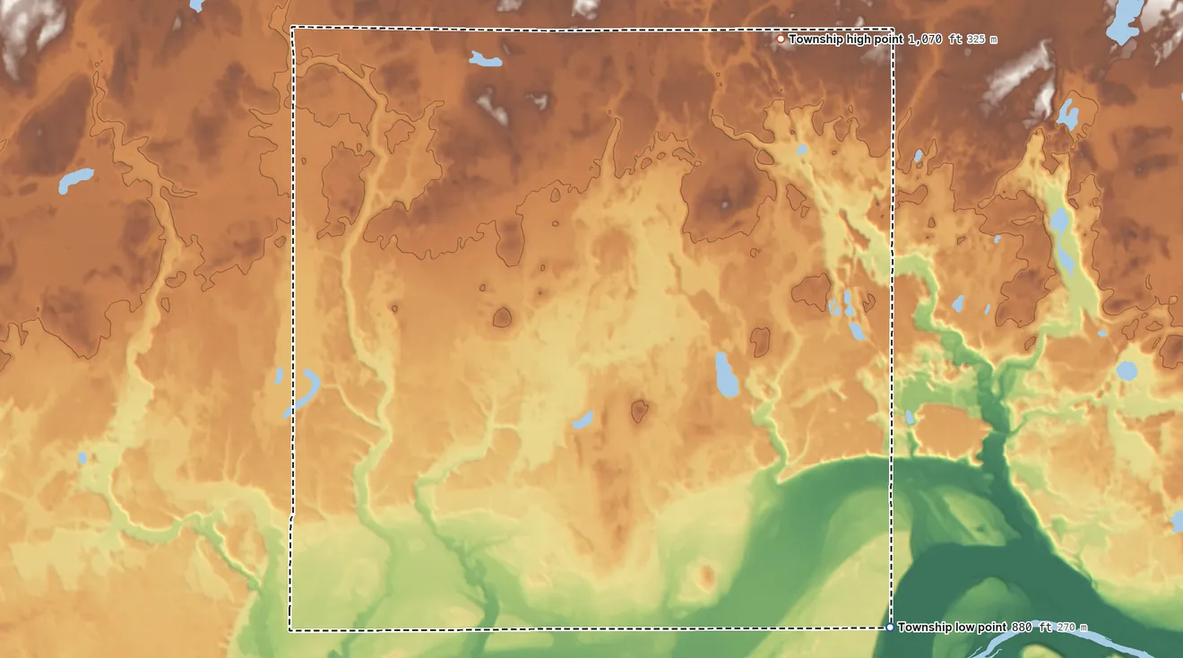 Topographic elevation map of Clover Township, Minnesota, shaded from 880 ft on the southeast side to 1,070 ft on the northeast side