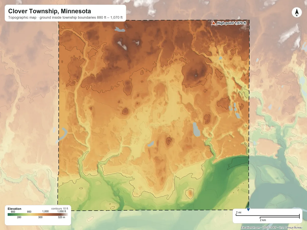 Topographic elevation map of Clover Township, Minnesota, shaded from 880 ft on the southeast side to 1,070 ft on the northeast side