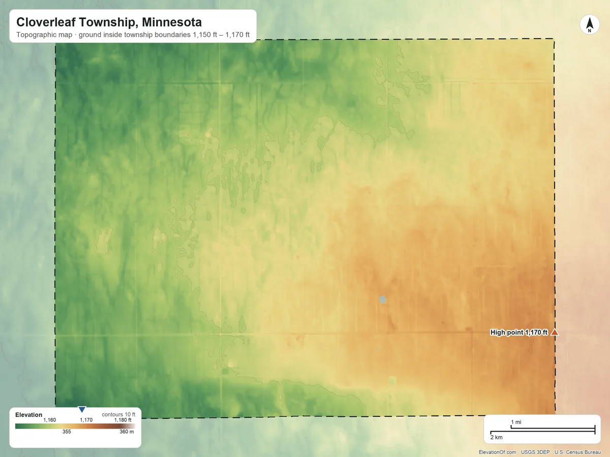 Topographic elevation map of Cloverleaf Township, Minnesota, shaded from 1,150 ft on the southwest side to 1,170 ft on the east side