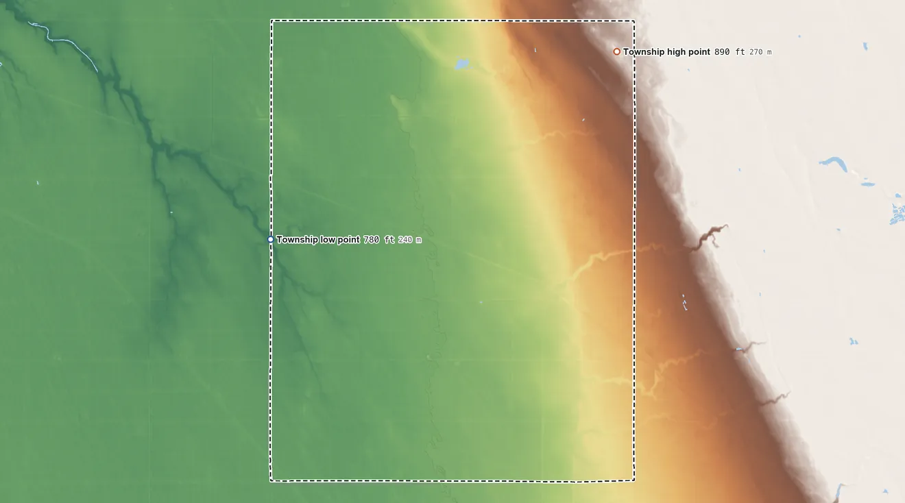 Topographic elevation map of Clow Township, Minnesota, shaded from 780 ft on the northwest side to 890 ft on the northeast side
