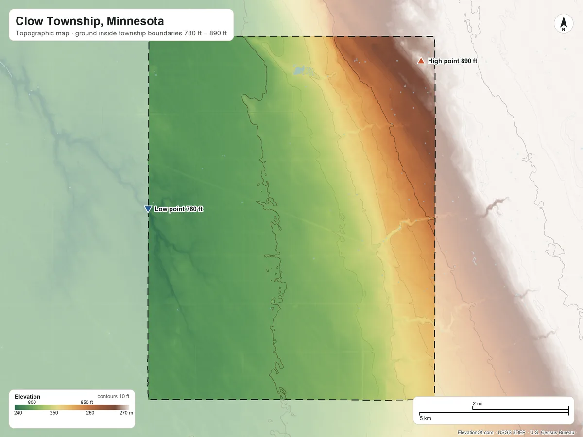 Topographic elevation map of Clow Township, Minnesota, shaded from 780 ft on the northwest side to 890 ft on the northeast side