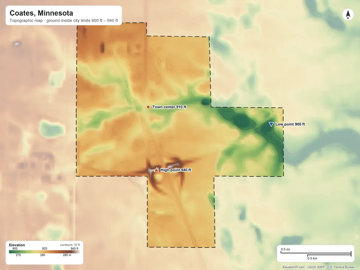 Topographic elevation map of Coates, Minnesota, shaded from 900 ft on the east side to 940 ft on the south side