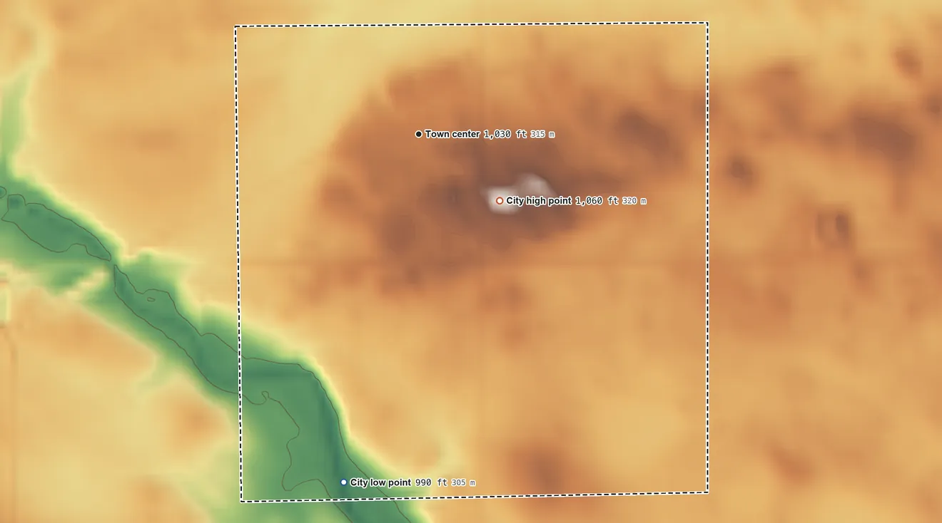 Topographic elevation map of Cobden, Minnesota, shaded from 990 ft on the south side to 1,060 ft on the southeast side