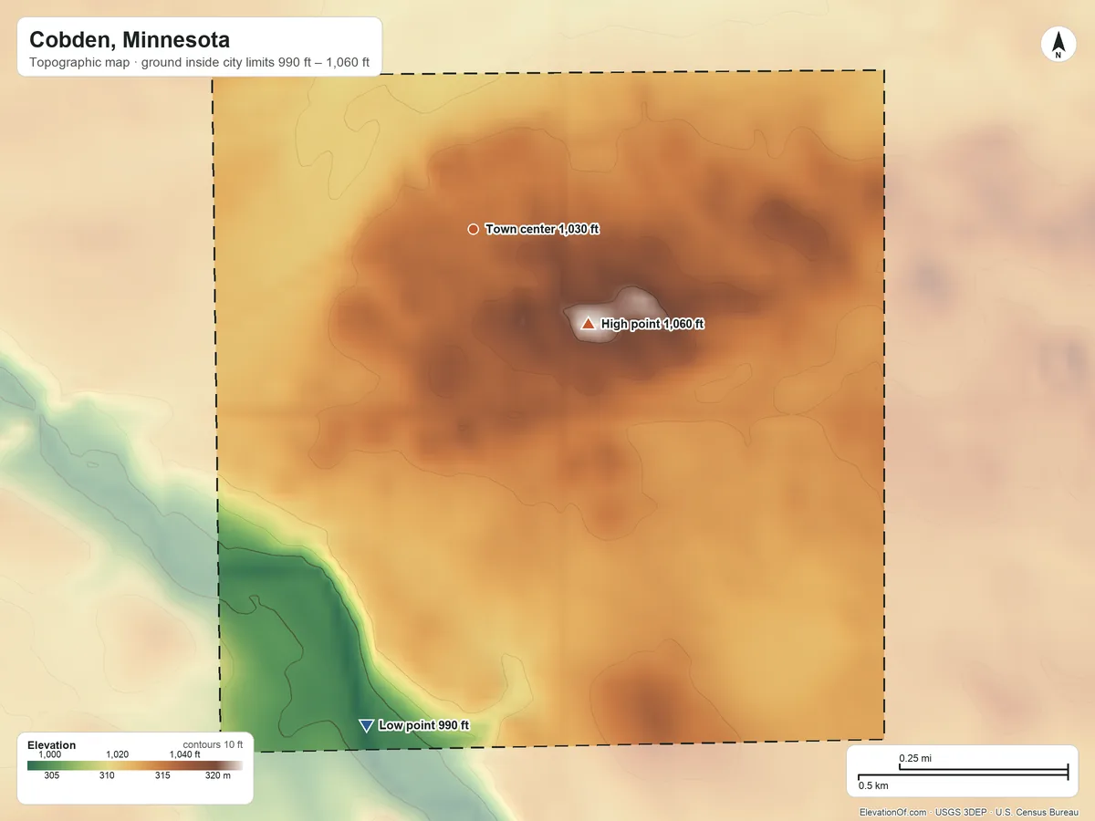 Topographic elevation map of Cobden, Minnesota, shaded from 990 ft on the south side to 1,060 ft on the southeast side