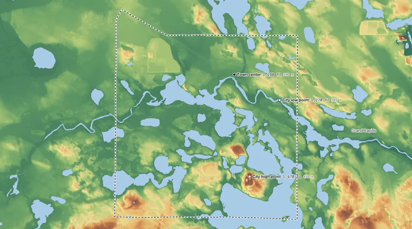 Topographic elevation map of Cohasset, Minnesota, shaded from 1,270 ft on the southeast side to 1,470 ft on the south side
